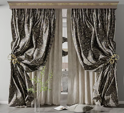 Elegant Damask Pattern Curtains with Golden Tiebacks and Sheer Lining for Window Decoration 3d model