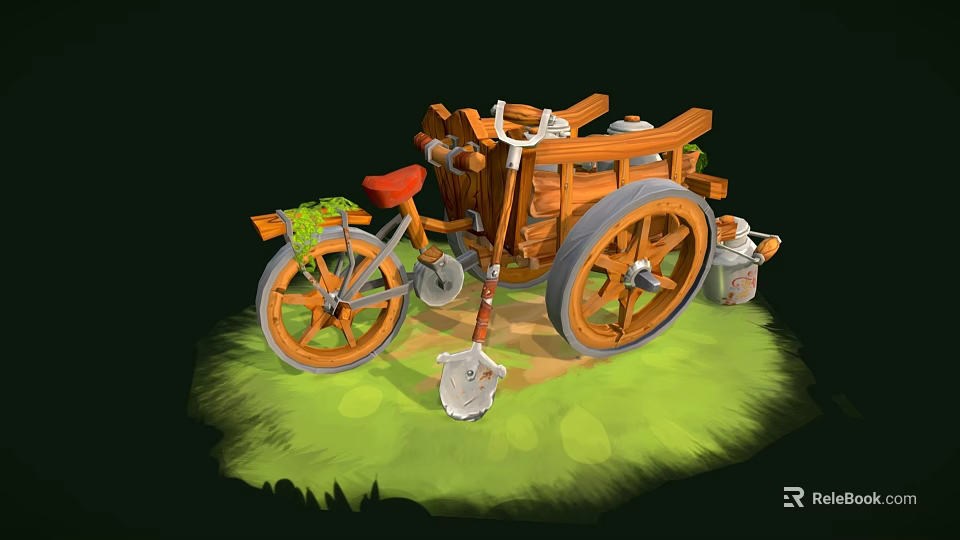 Vintage Wooden Tricycle Cart With Red Seat Green Cloth And Bucket On Grassy Ground 3d model 