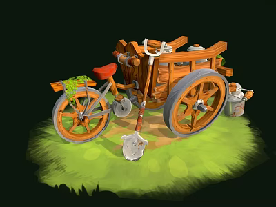 Vintage Wooden Tricycle Cart With Red Seat Green Cloth And Bucket On Grassy Ground 3d model