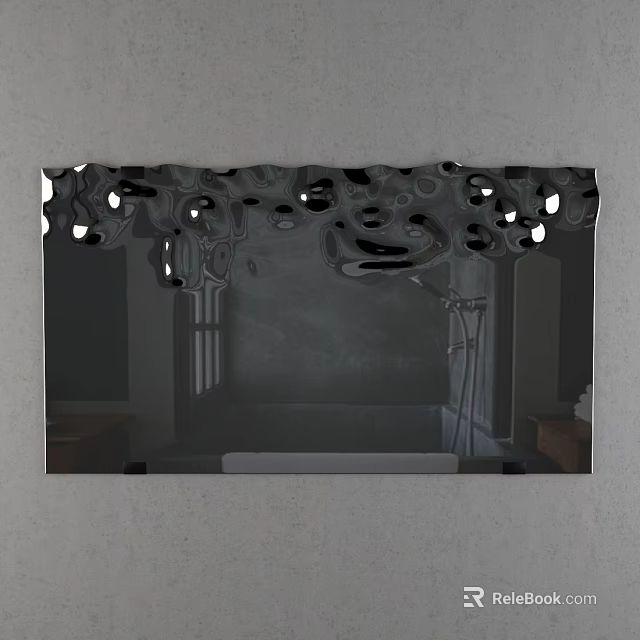 Reflective Mirror With Irregular Holes On Gray Wall Reflecting Bathroom Bathtub Showerhead And Wooden Shelves 3d model 