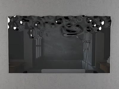 Reflective Mirror With Irregular Holes On Gray Wall Reflecting Bathroom Bathtub Showerhead And Wooden Shelves 3d model