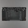 Reflective Mirror With Irregular Holes On Gray Wall Reflecting Bathroom Bathtub Showerhead And Wooden Shelves