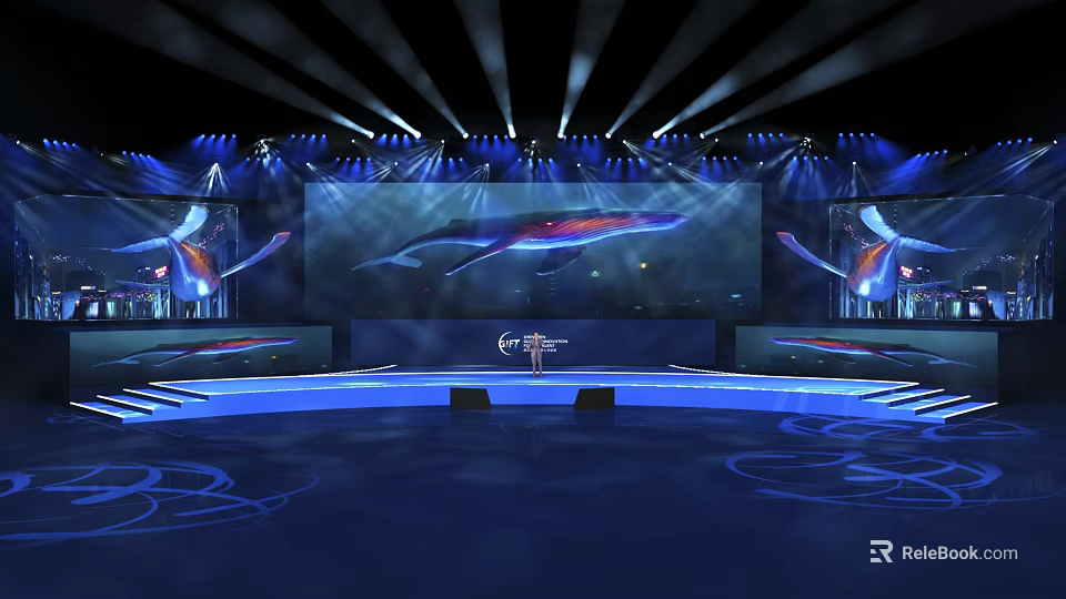 Modern Stage Design With Blue Lighting Large Screen And Whale Pattern 3d model 