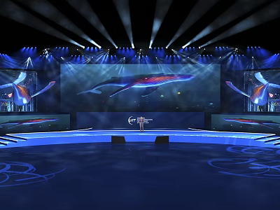 Modern Stage Design With Blue Lighting Large Screen And Whale Pattern 3d model