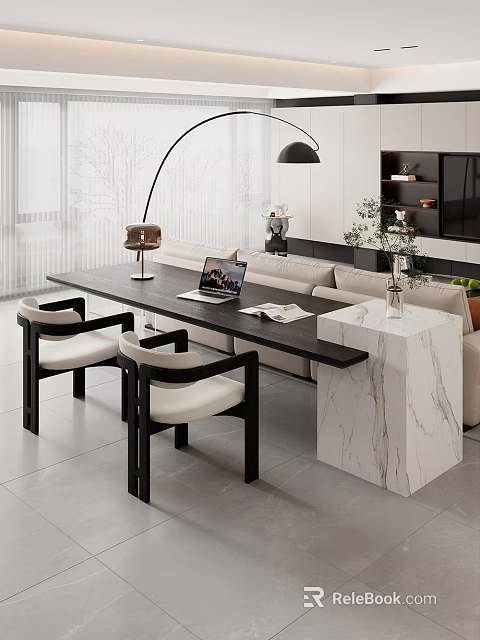 Modern Living Room Table And Chairs With Black Frame Beige Cushions And Marble Side Table 3d model 