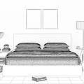 Modern Double Bed With Wooden Headboard Gray Bedding Table Lamp Floor Lamp And Geometric Paintings