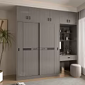 Modern Gray Wardrobe With Sliding Doors Dressing Table Mirror And Decorative Shelves