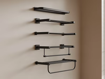 Modern Black Bathroom Wall Mounted Shelving Design With Multiple Towel Racks 3d model