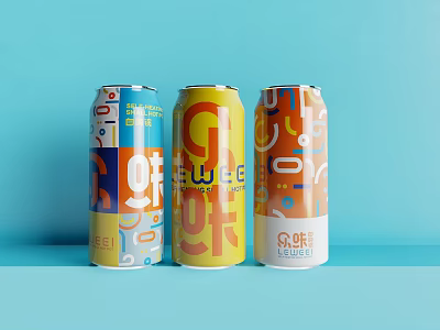 Three Colorful Canned Juice Drinks With Geometric Pattern Designs And Vibrant Labels 3d model