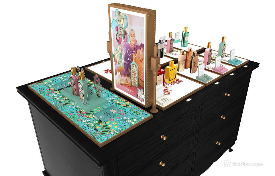 Perfume and Cosmetics Display on Black Vanity Table with Colorful Bottles and Decorative Patterns 3d model 