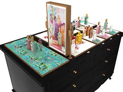Perfume and Cosmetics Display on Black Vanity Table with Colorful Bottles and Decorative Patterns 3d model