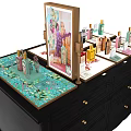 Perfume and Cosmetics Display on Black Vanity Table with Colorful Bottles and Decorative Patterns