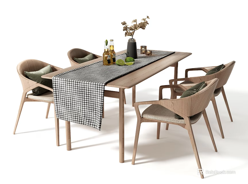 Modern Wooden Dining Table Set With Fabric Cushioned Chairs Checkered Table Runner And Decorative Vase 3d model 