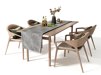 Modern Wooden Dining Table Set With Fabric Cushioned Chairs Checkered Table Runner And Decorative Vase 3d model