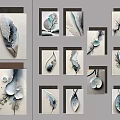 Abstract Paintings With Leaf And Teardrop Shaped Forms Soft Tones Blue Accents And Brown Frames