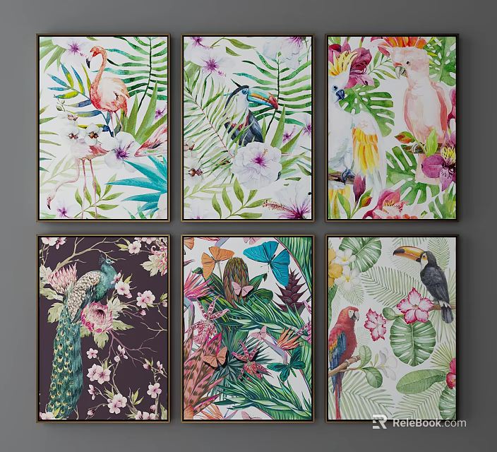 Colorful Botanical Plant Paintings with Tropical Plants Birds Butterflies and Flowers for Home Wall Decor 3d model 