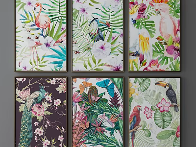 Colorful Botanical Plant Paintings with Tropical Plants Birds Butterflies and Flowers for Home Wall Decor 3d model