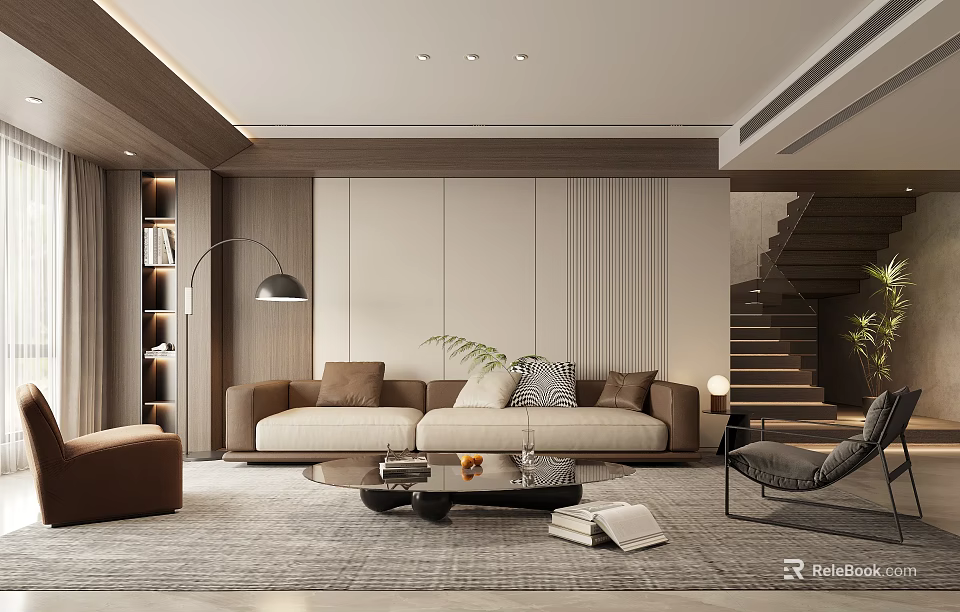Modern Living Room Interior Design With Sofa Rug Coffee Table Floor Lamp And Staircase 3d model 