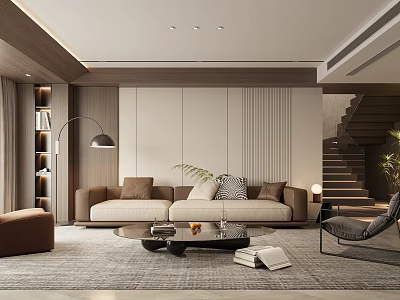Modern Living Room Interior Design With Sofa Rug Coffee Table Floor Lamp And Staircase 3d model