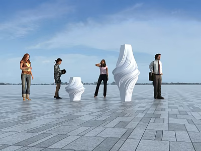 People Standing In Open Square With Gray Tiled Floor And White Sculptures Under Blue Sky 3d model