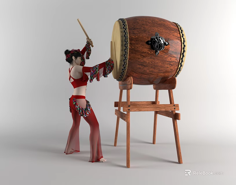 Woman in Red Traditional Costume Playing Large Wooden Drum with Drumsticks 3d model 