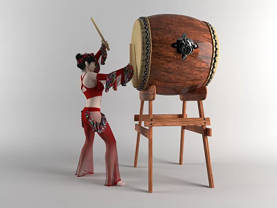 Woman in Red Traditional Costume Playing Large Wooden Drum with Drumsticks 3d model