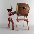 Woman in Red Traditional Costume Playing Large Wooden Drum with Drumsticks