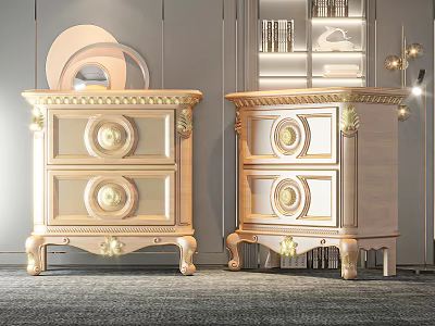 Classic European Style Bedside Tables With Gold Accents And Carved Drawers 3d model