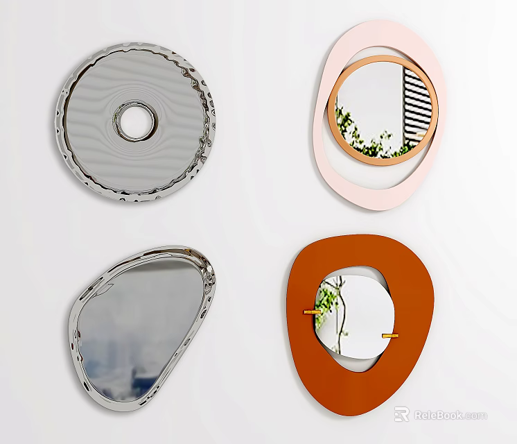 Round Oval Irregular Shaped Mirrors With Silver Pink Orange Frames For Home Decor 3d model