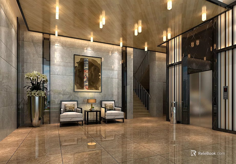 Luxurious Elevator Lobby With Chandeliers Decorative Painting Armchairs And Marble Flooring 3d model 