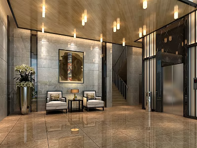 Luxurious Elevator Lobby With Chandeliers Decorative Painting Armchairs And Marble Flooring 3d model