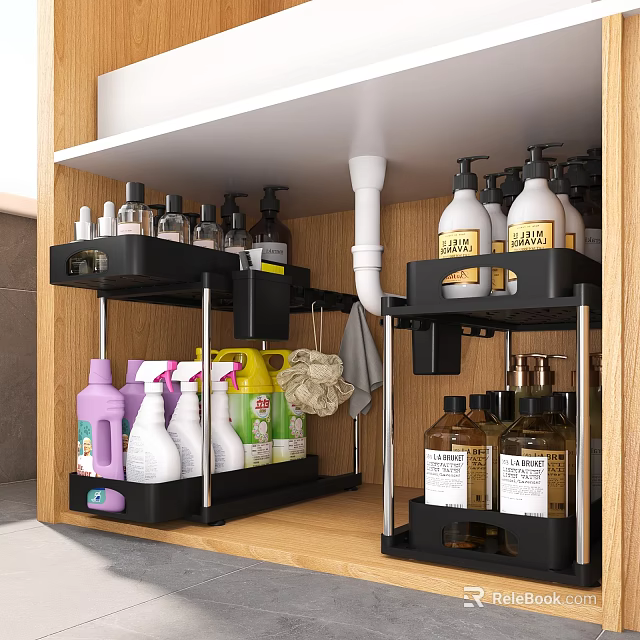 Black Multi Tiered Bathroom Cabinet Rack With Toiletries Storage Hooks And Cleaning Supplies 3d model 