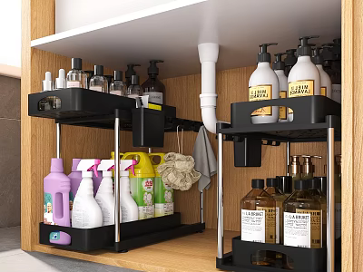 Black Multi Tiered Bathroom Cabinet Rack With Toiletries Storage Hooks And Cleaning Supplies 3d model