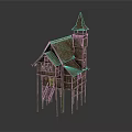 Traditional Wooden Stilt House With Pointed Tower Thatched Roof And Green Stilts