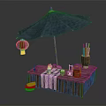 Outdoor Wooden Platform With Blue Umbrella Red Lantern Striped Cloth And Bamboo Tubes