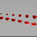Red Flowers in Multiple Sizes and Blooming States on Black Background with Reflections