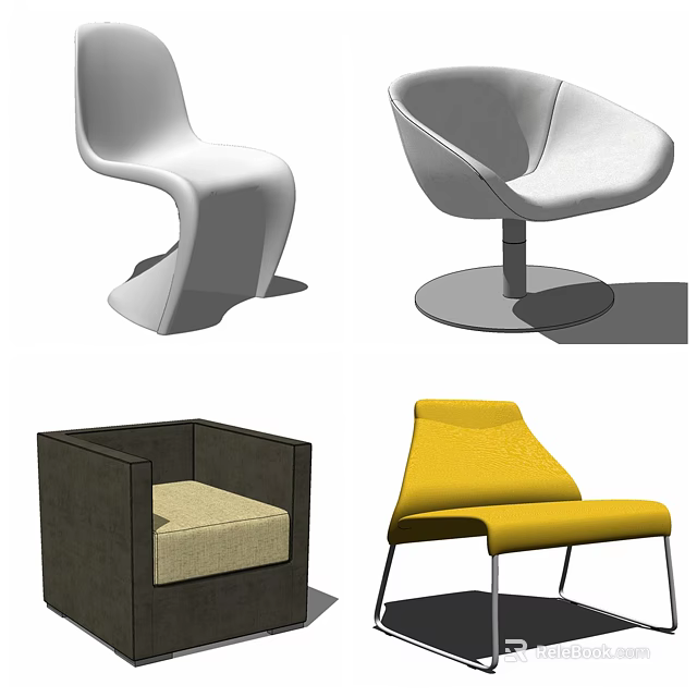 Modern Single Chairs Featuring Curved Square Designs In White Yellow And Gray 3d model 