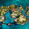 Scenic Landscape With Green Mountains Rocky Shores Water And Buildings