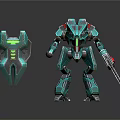 Detailed Green Mechanical Robot Model With Shield And Sword Accessory