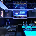 Stylish KTV Interior Featuring Starry Ceiling Large Screen Sofas Neon Lights And Glasses