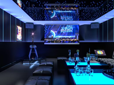 Stylish KTV Interior Featuring Starry Ceiling Large Screen Sofas Neon Lights And Glasses 3d model