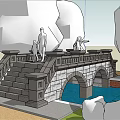 Stone Landscape Bridge with Arched Design and Trees Around Pedestrians Walking