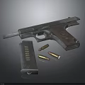 Vintage Metal Pistol With Wooden Grip Magazine And Bullets On Dark Surface