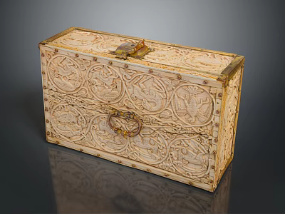Intricately Carved Wooden Decorative Chest With Floral Patterns And Metal Handle 3d model