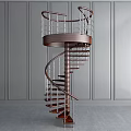 Modern Spiral Staircase With Wooden Steps And Metal Railings Against Gray Paneled Walls