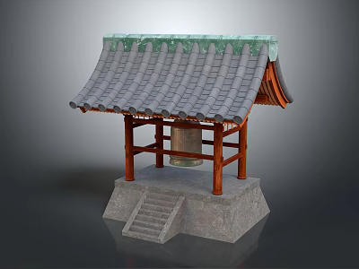 Cartoon Scene Of Traditional Pavilion With Tile Roof Wooden Structure Stone Steps And Bell 3d model