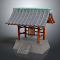 Cartoon Scene Of Traditional Pavilion With Tile Roof Wooden Structure Stone Steps And Bell