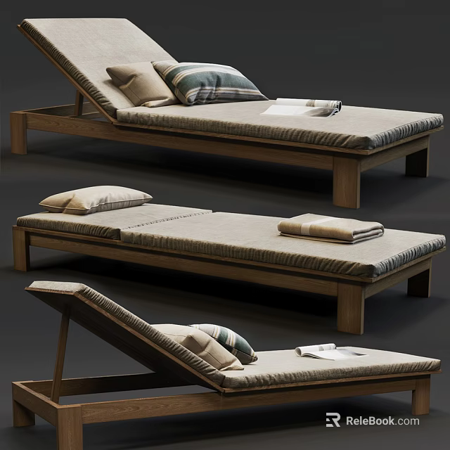 Wooden Lounge Chair With Cushion Pillows Towels And Multiple Views 3d model 