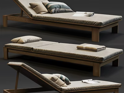 Wooden Lounge Chair With Cushion Pillows Towels And Multiple Views 3d model