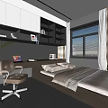 Modern Tatami Bedroom Interior With Desk Laptop Bookshelf Chair And Natural Light